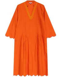 Niza - Flowy Midi Dress With Embroidered Neckline And Short Sleeves - Lyst