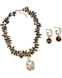 Farra - Classical Tiger Eye With Shell Pendant Necklace And Earrings Jewelry Set - Lyst