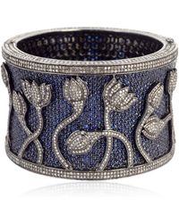 Artisan - 14k Gold 925 Silver & Pave Blue Sapphire With Diamond Flower Design Cuff Bracelet Bangle - Lyst