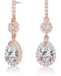 Genevive Jewelry - Sterling Silver With Rose Gold Plated Clear Pear With Round Cubic Zirconia Halo & Cluster Accent Drop Earrings - Lyst