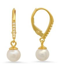 Kylie Harper - Genuine Pearl & Diamond Cz Dangling Leverback Earrings - Lyst