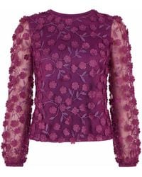 Yumi' - Plum Sheer Sleeve Applique Flower Top - Lyst