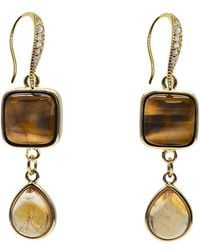 Farra - Tiger Eye With Citrine Dangle Comfort Earrings - Lyst