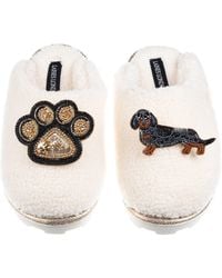 Laines London - Neutrals Teddy Closed Toe Slippers With Paw & Dapple Dachshund Brooches - Lyst