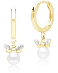 Gemondo - Honeycomb Inspired Pearl & Diamond Bee Hoop Earrings In Yellow Gold - Lyst