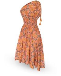 Pick Happy - One Shoulder Asymmetry Goddess Cotton Dress With Silk Tassels Peach Floral Print - Lyst