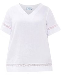 Haris Cotton - Guipure Lace Insert Linen Blouse With V Neck And Short Sleeve - Lyst