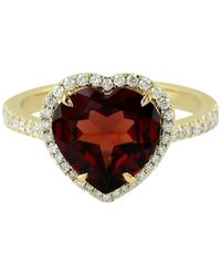 Artisan Red Garnet 14k Yellow Gold Heart Ring Pave Diamond Handmade Jewellery - Metallic