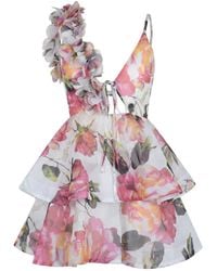 Modenaire - Floral Printed Mini Dress With Ruffle Layers And Tie Waist - Lyst