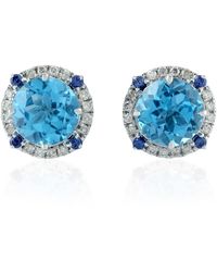 Artisan 18k White Gold Pave Diamond Stud Earrings Blue Sapphire Topaz Jewellery