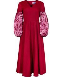 Manimekala Burgundy Red Midi Dress With Marble Print Balloon Sleeve