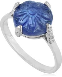 Artisan - Carved Tanzanite Gemstone & Pave Diamond In 18k White Solid Gold Cocktail Ring - Lyst