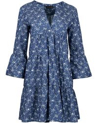 Conquista - Indigo Floral A Line Dress With Bell Sleeves - Lyst