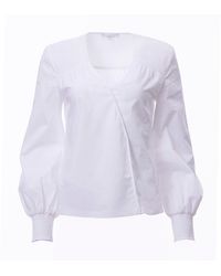 Carloslines - V-Neck Bishop Sleeve Smocked Shoulder & Cuff Faux Wrap Blouse - Lyst