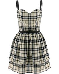 AVENUE No.29 - Neutrals Checked Linen Gathered Mini Dress With Straps - Lyst