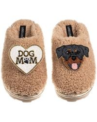 Laines London - Neutrals Teddy Closed Toe Slippers With Dog Mum Mom & Rottweiler Brooches - Lyst