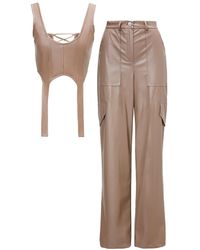 BLUZAT - Neutrals Beige Leather Matching Set With Wide Leg Trousers And Corset Top - Lyst