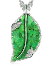 Artisan Natural Tsavorite Leaf Pendant 18k White Gold Diamond Jewellery - Green
