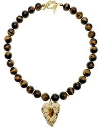 Farra - Tiger Eye Stone With Leaf Pendant Chunky Necklace - Lyst