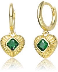 Genevive Jewelry - Sterling Silver Yellow Gold Plated With Emerald Cubic Zirconias Dangle Heart huggie Hoop Earrings - Lyst