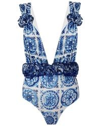 Nur Karaata - Palma Bleu Blanc Swimsuit - Lyst