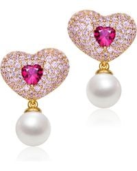 Genevive Jewelry - Sterling Silver Gold Plated Ruby Cubic Zirconia & Pearl Heart Drop Butterfly Earrings - Lyst