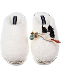 Laines London - Neutrals Cream Teddy Closed Toe Slippers With Baby Boy Stork Brooches - Lyst