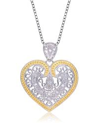 Genevive Jewelry - Cubic Zirconia Sterling Rhodium Plated Outlined Antique Lace Heart Shape Drop Pendant - Lyst