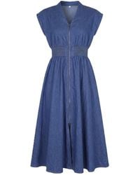 Modenaire - Zip Front Midi Dress Smocked Waist - Lyst