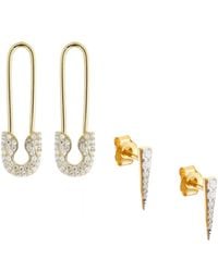 Spero London - Long Pave Dagger Stud & Pave Safety Pin Earring Set - Lyst