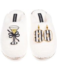 Laines London - Teddy Closed Toe Slippers With Stripe 80Th Birthday & Champagne Glass Brooches - Lyst