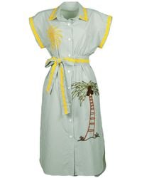 Lalipop Design - Pinstripe Cotton Shirtdress With Sun & Palm Tree Embroidery - Lyst