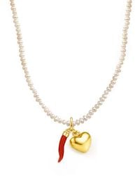 Unaloe - Baroque Pearl Necklace With Coral Cornicello And-Plated Heart - Lyst