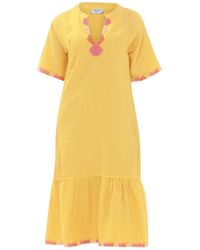 Haris Cotton - Lace Insert Midi Linen Dress With Ruffle Hem Crocus -fuchsia - Lyst
