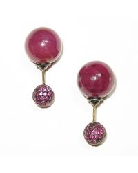 Artisan - 14k Gold & Silver With Ruby Pave Bead Ball Double Side Tunnel Earrings - Lyst