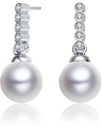 Genevive Jewelry - Sterling Silver With White Gold Plated White Round Pearl With Clear Round Cubic Zirconia Drop Earrings - Lyst