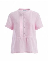 Haris Cotton - Linen Short Sleeve Blouse With Pintucks And Button Front Powder - Lyst
