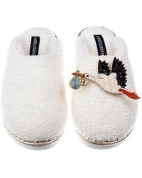 Laines London - Neutrals Cream Teddy Closed Toe Slippers With Baby Boy Stork Brooches - Lyst
