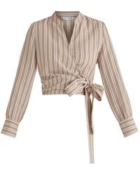 Paisie - Neutrals Split Collarless Wrap Top With Side-Tie Waist - Lyst
