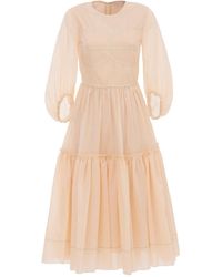 Georgette - Neutrals Soft Feminine Midi Dress With Puff Sleeves - Lyst
