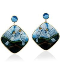 Artisan - Natural Diamond Dangle Earrings 18k Yellow Gold Bakelite Bird Print Enamel Jewelry - Lyst