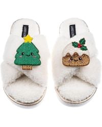 Laines London - Neutrals Laines Boucle Slippers With Christmas Lovable Pudding & Tree Brooches - Lyst