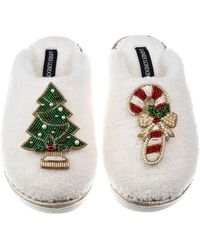Laines London - Neutrals Teddy Closed Toe Slippers With Christmas Tree & Candy Cane Brooches - Lyst