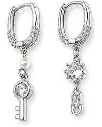 Kirei - Keycode Earrings – Asymmetrical Hoop Earrings With Shell Pearl, Cubic Zirconia & Safety Pin Charms - Lyst
