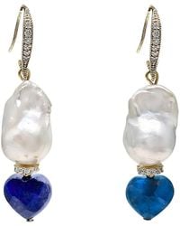 Farra - Baroque Pearls With Heart Shaped Lapis And Apatite Dangle Earrings - Lyst