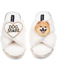 Laines London - Neutrals Laines Neutral Boucle Slippers With Teddy The Pomeranian & Dog Mum/Mom Brooches - Lyst