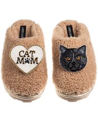 Laines London - Neutrals Teddy Closed Toe Slippers With Cat Mum/Mom & British Shorthair Brooches - Lyst