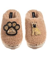 Laines London - Neutrals Teddy Closed Toe Slippers With Paw & Fawn Sitting French Bulldog Brooches - Lyst