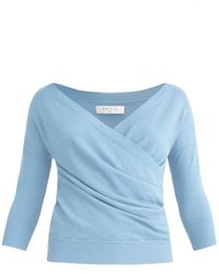 Paisie Knitted Wrap Top With 3/4 Sleeves In Sky Blue