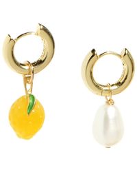 I'MMANY LONDON - Organic Fruit & Pearl Asymmetrical Hoop Earrings, 18k Gold Vermeil, Jade Lemon - Lyst
